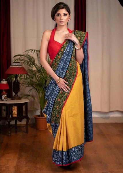 INDIGO & MUSTARD COTTON COMBINATION SAREE WITH AJRAKH BORDER