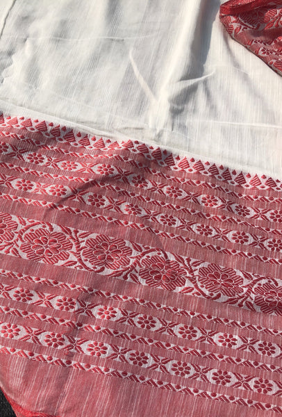 Bengali Pure Handloom Red and White Cotton Saree