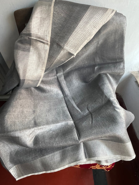 Handwoven Grey Silver Tissue Linen Saree with Silver Border and Tassels on Aachal