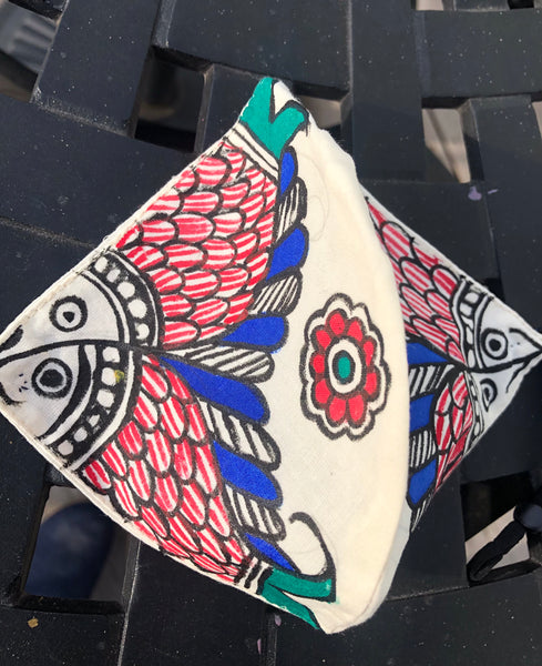 CTwo Ply Organic Cotton Fashion Mask with Hand-Painted Madhubani motives, Washable and Reusable Face Mask