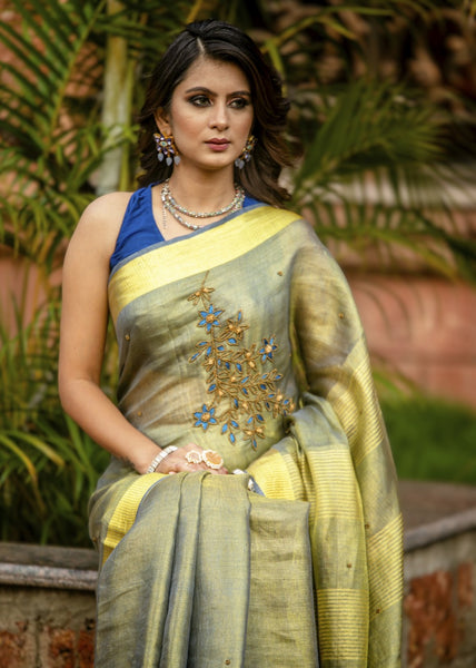 YELLOW PURE LINEN SAREE WITH HAND EMBROIDERY