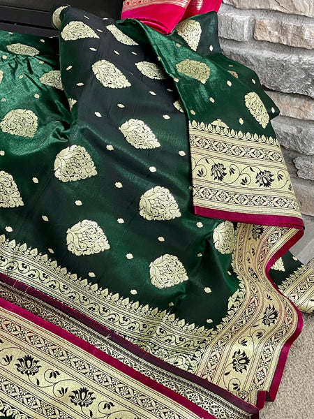 Bottle Green and Gold Banarasi Silk Saree