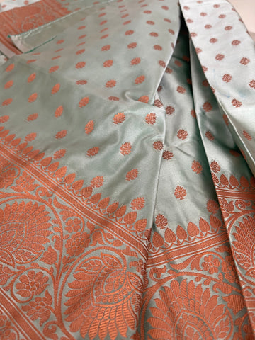 Mint Green and Copper Assam Silk Saree