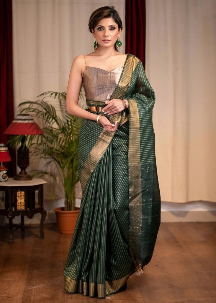 STRIPED OLIVE GREEN KOTA SILK SAREE