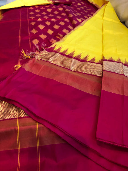 Pure Yellow and Pink Pochampally Patu Ikat Silk Saree
