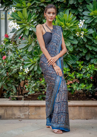 PURE MODAL SILK BLOCK PRINTED MIDNIGHT BLUE AJRAKH SAREE
