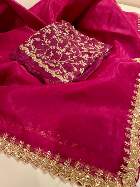 Red Wine/Burgundy Organza Saree with Embroidery