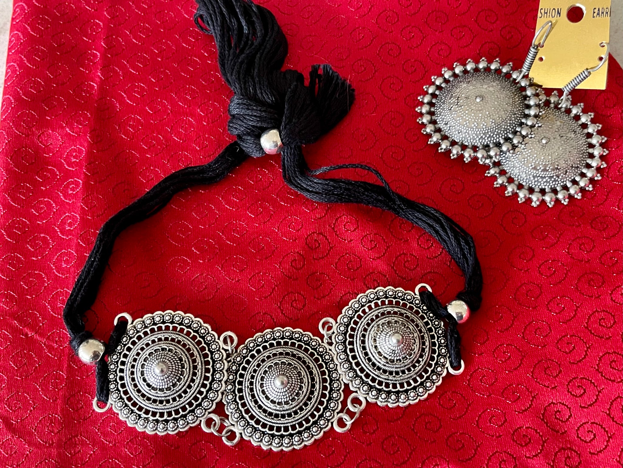 Black German Silver Ghungroo Necklace with Earring Set