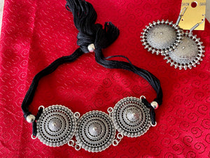 Black German Silver Ghungroo Necklace with Earring Set