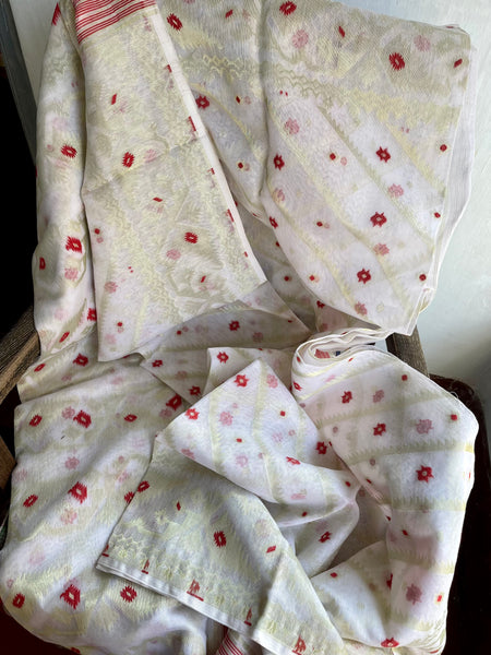 WHITE COTTON PURE JAMDANI SAREE WITH BENARASI PIPING