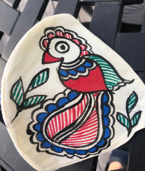 Two Ply Organic Cotton Fashion Mask with Hand-Painted Madhubani motives, Washable and Reusable Face Mask