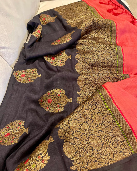 Pure Black and Red Muga Banarasi Silk Saree