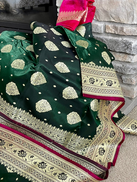 Bottle Green and Gold Banarasi Silk Saree