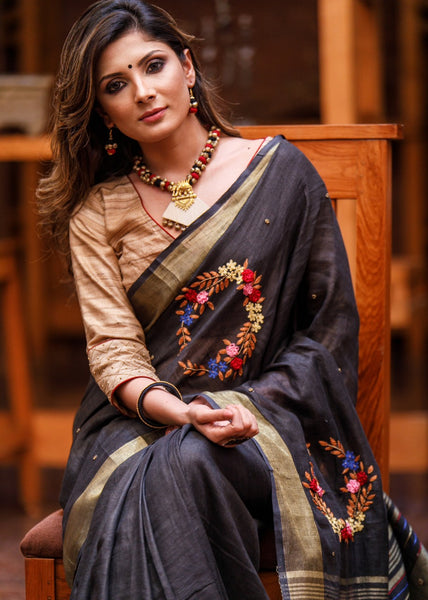 BLACK PURE LINEN SAREE WITH HAND EMBROIDERY
