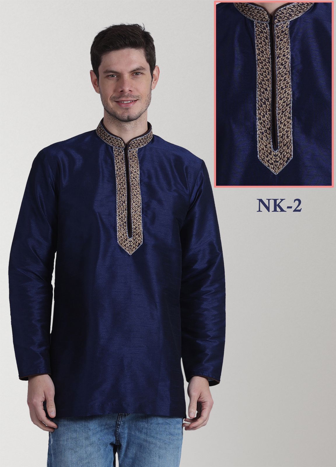 Blue Colored Embroidered Art Raw Silk with Hand and Machine Work Mens Short Kurta