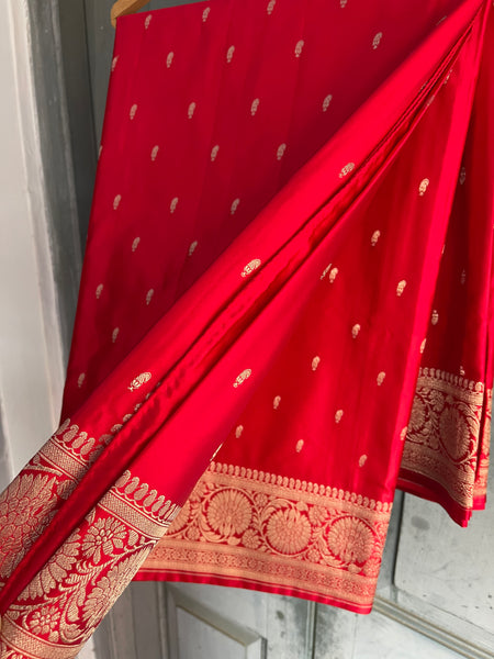 Pure Red Katan Silk Saree with Golden Zari