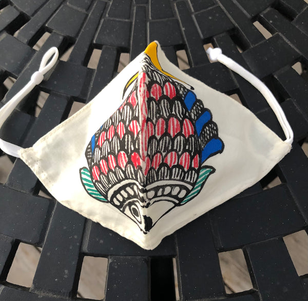 Two Ply Organic Cotton Fashion Mask with Hand-Painted Madhubani motives, Washable and Reusable Face Mask