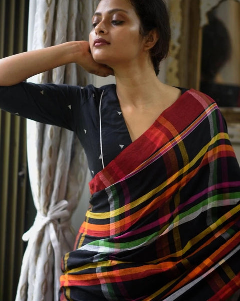 Black and  Multicolor Handloom cotton saree