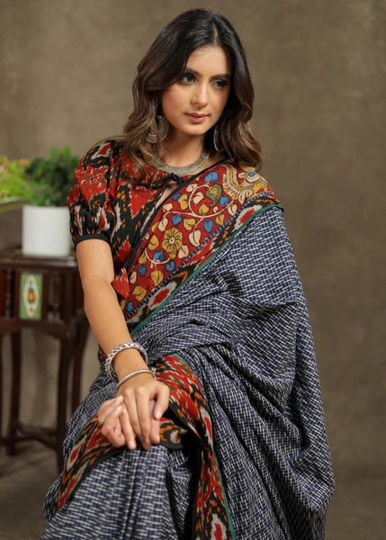 BLUE COTTON IKKAT CHECKS SAREE WITH COMBINATION OF KALAMKARI AND AJRAKH BORDER