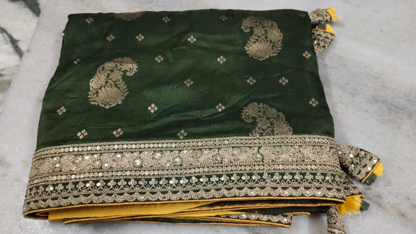 Forest Green Raw Dupion Silk Saree with Zardosi work