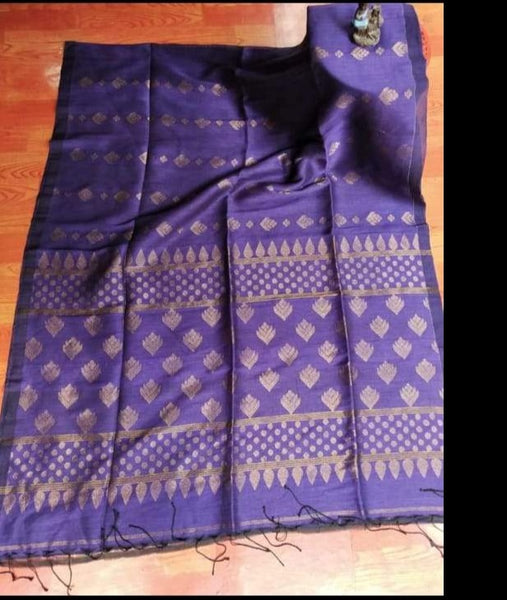 Purple Organic Linen Jamdani with Jacquard  Work and Pallu