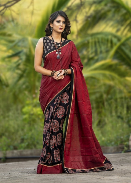 AJRAKH AND MAROOON HANDLOOM COTTON COMBINATION SAREE WITH THREADWORK