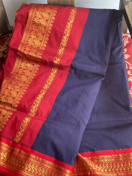 Navy Blue and Red Pure Handloom Cotton Silk Saree