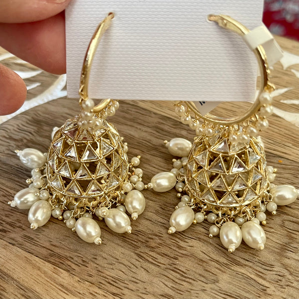 Mirror Pearl Kundan Hoop Earrings