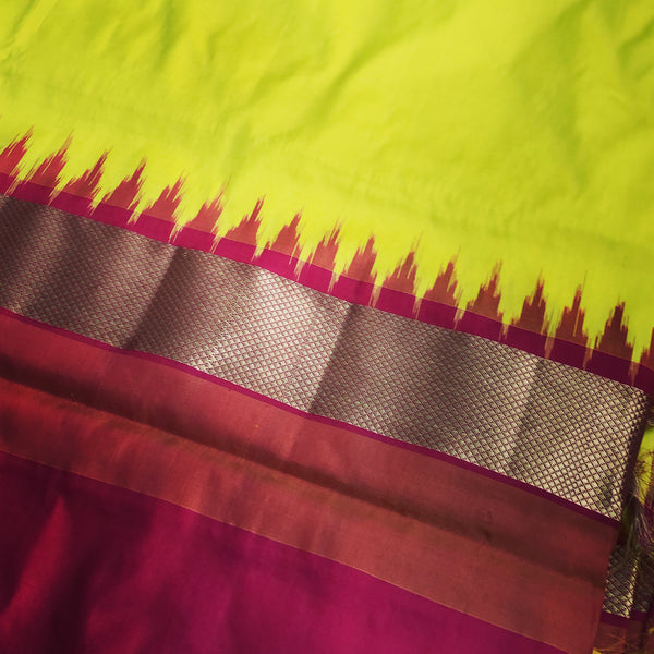 Pure Yellow and Pink Pochampally Patu Ikat Silk Saree