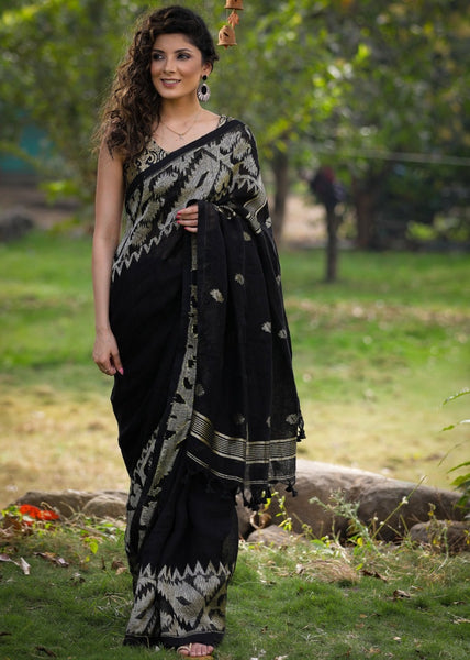 BLACK LINEN SAREE WITH JAMDANI WEAVING BORDER & PALLU