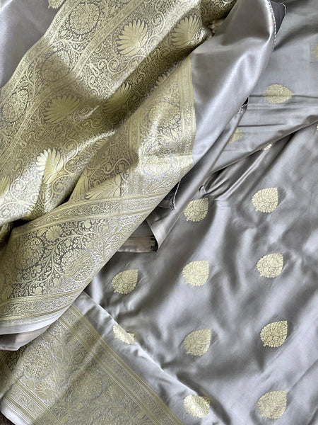 Dual Tone Silver/Grey and Gold Banarasi Silk Saree