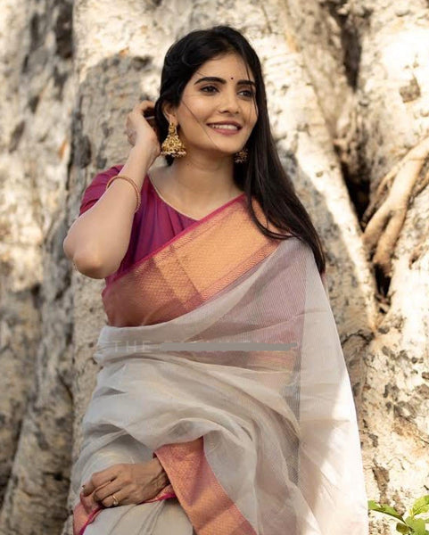Pure Handwoven Maheshwari Handloom Tissue Silk Saree