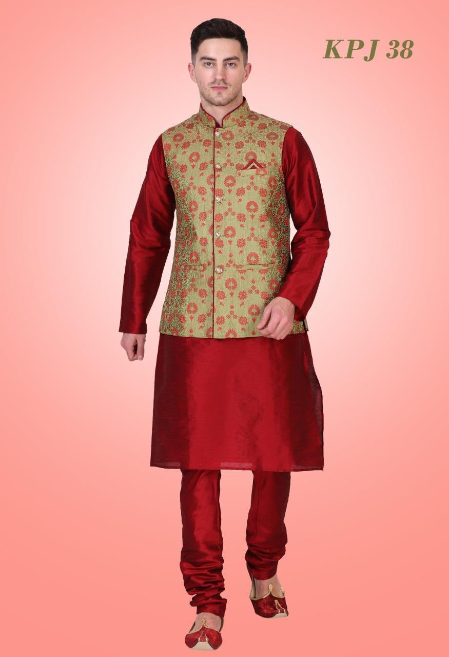 Mens Red Color Silk Kurta Pajama With Printed Modi Jacket