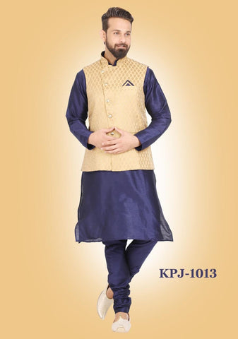Mens Navy Blue Color Silk Kurta Pajama with Modi Jacket