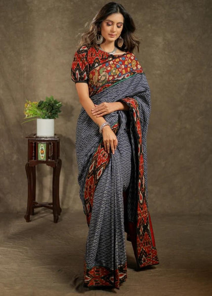 BLUE COTTON IKKAT CHECKS SAREE WITH COMBINATION OF KALAMKARI AND AJRAKH BORDER