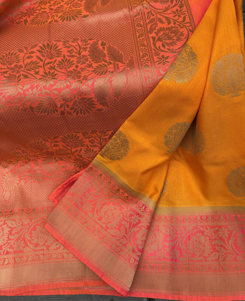 Pure Soft Handloom Silk Saree In Orange and Coral