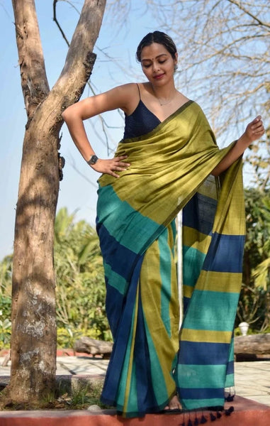 Olive Green and Blue Handloom cotton saree