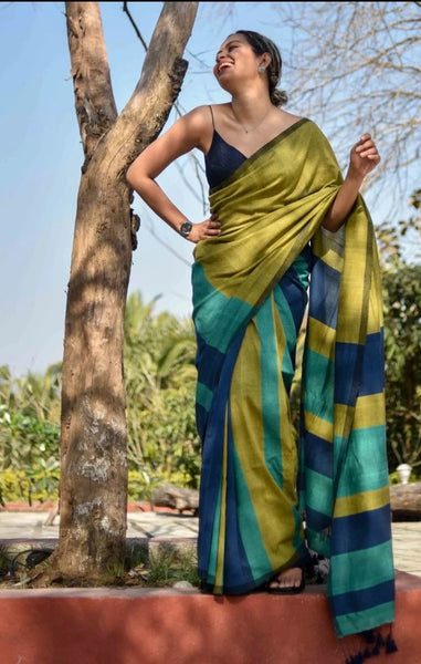 Olive Green and Blue Handloom cotton saree