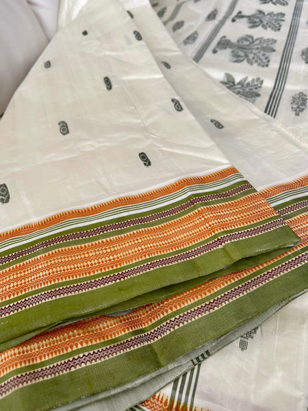 Off White Garad Silk Saree with Green Border