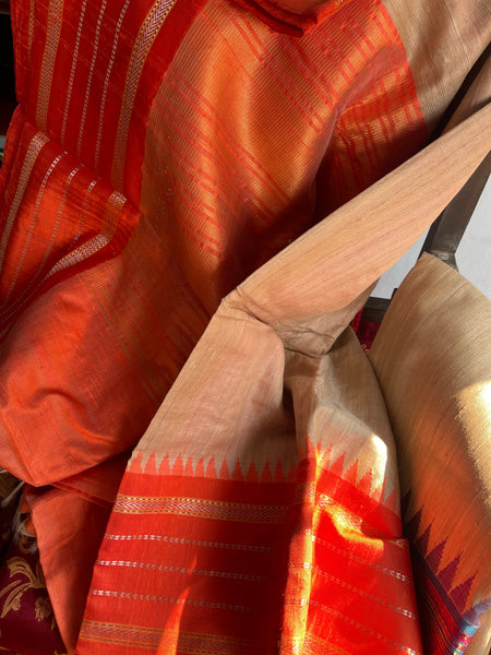 Pure Ghicha Tussar Silk Ikkat Saree in Orange