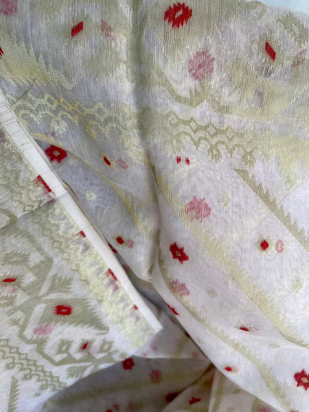 WHITE COTTON PURE JAMDANI SAREE WITH BENARASI PIPING