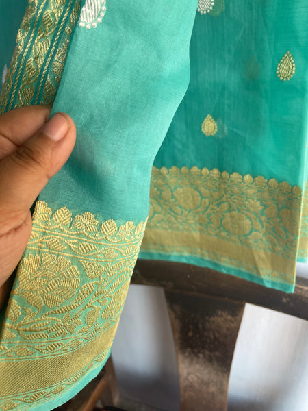 Sea Green Chanderi Silk Saree With Woven Dual Tone Zari Butta