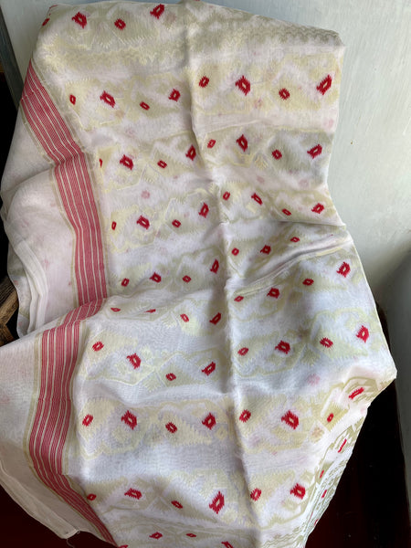 WHITE COTTON PURE JAMDANI SAREE WITH BENARASI PIPING