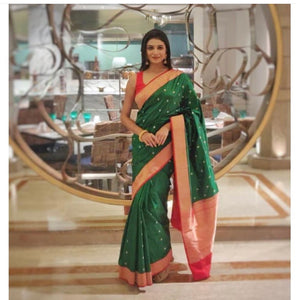 Parrot Green & Red Pure Silk Gadhwal Saree