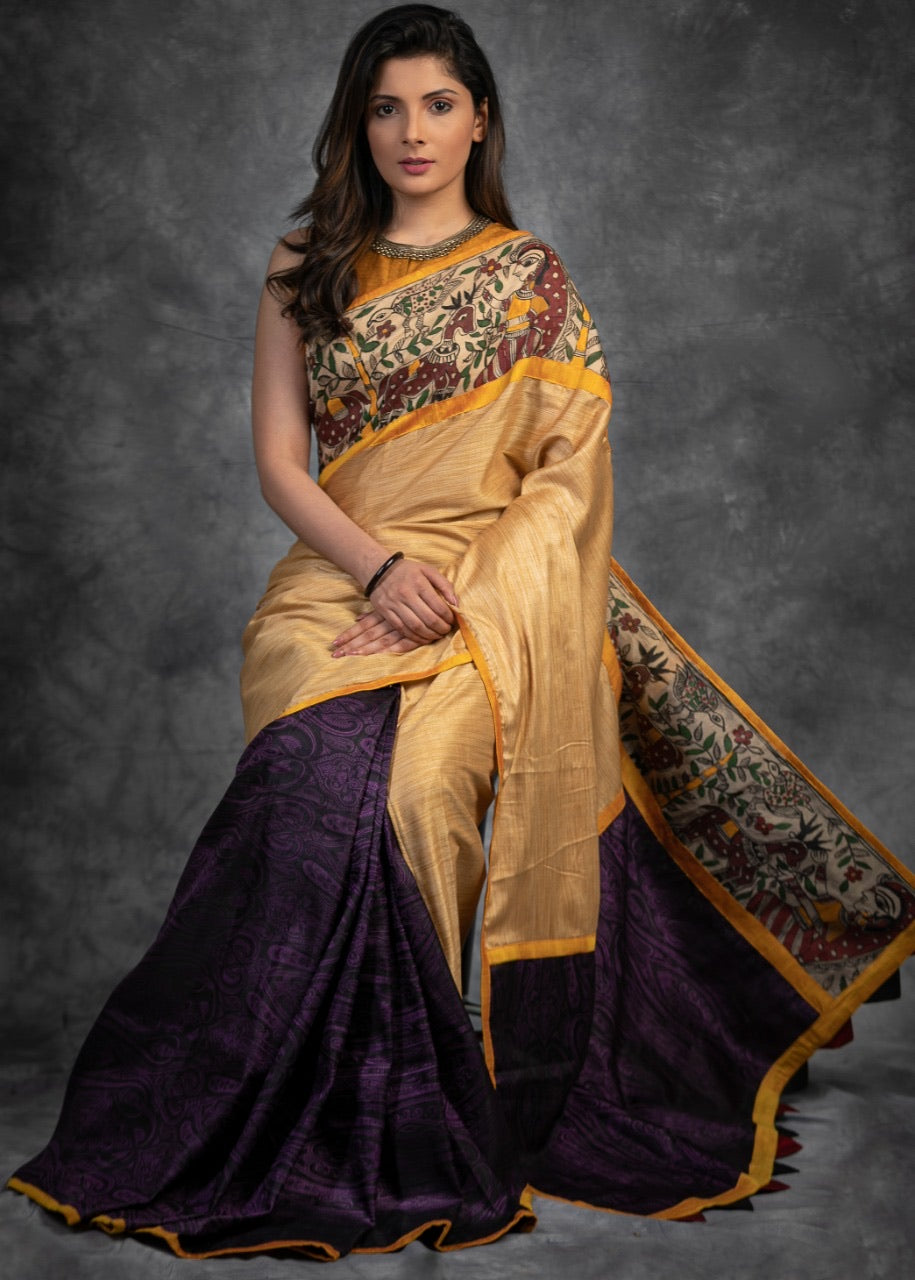 Golden Handpainted Madhubhani Semi Silk Saree