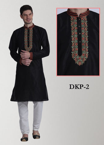Black Dupion Silk Mens Kurta Pajama Set