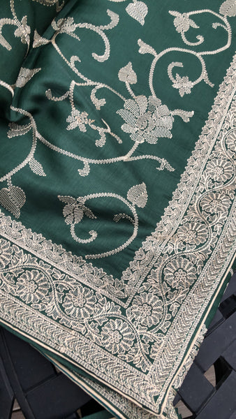Forest Green Pure Handloom Silk Saree with Beige Embroidery