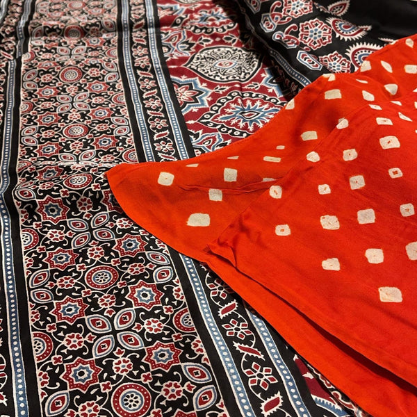 Rust Red Bandhani with Ajrakh Hand block print with Natural dye on Modal silk