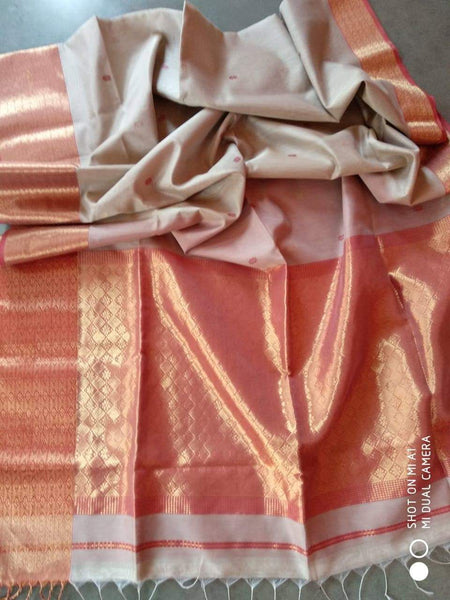 Pure Maheshwari Silk Saree in White and Red