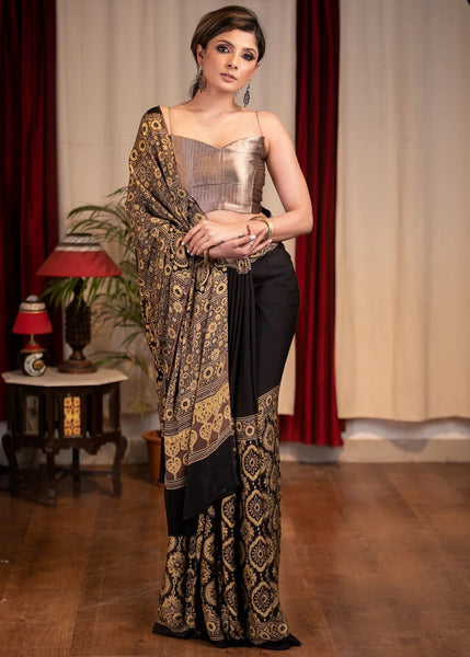 PURE MODAL SILK BLOCK PRINTED BLACK AJRAKH SAREE
